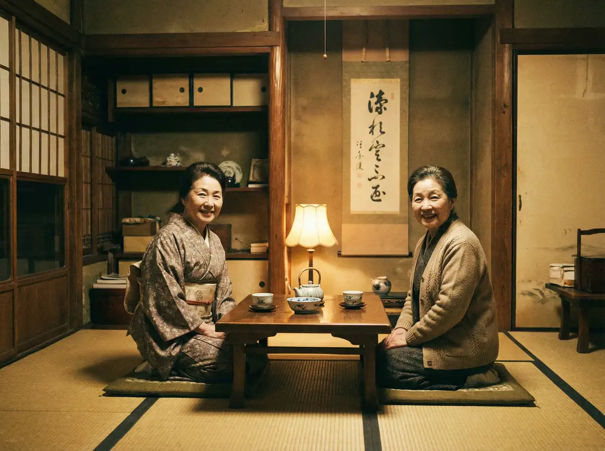 两位优雅的 bti体育 在日式茶室中品茶交谈